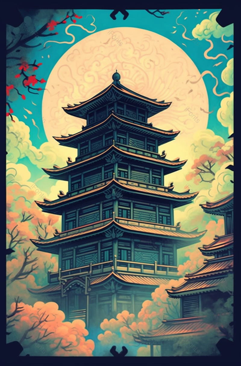 相框内夜间阁楼中国风国潮古典中国传统文化背景插画,插画/手绘图,插画/手绘图库,插画/手绘图下载,插画/手绘